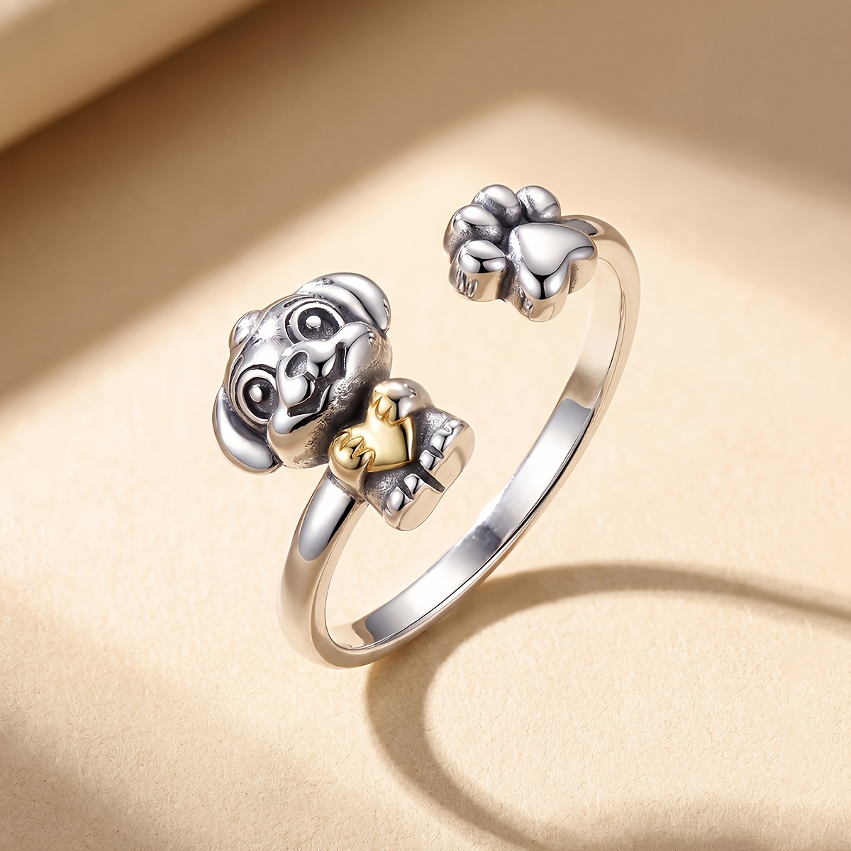 Women's Puppy Hugging Heart Open Ring, Daily Versatile Fashion